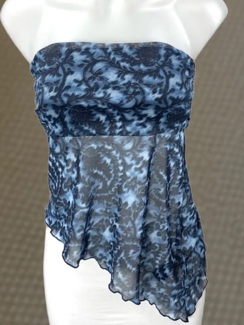 Womens L Blue Paisley Asymmetric Strapless Bandeau Crop Tube
